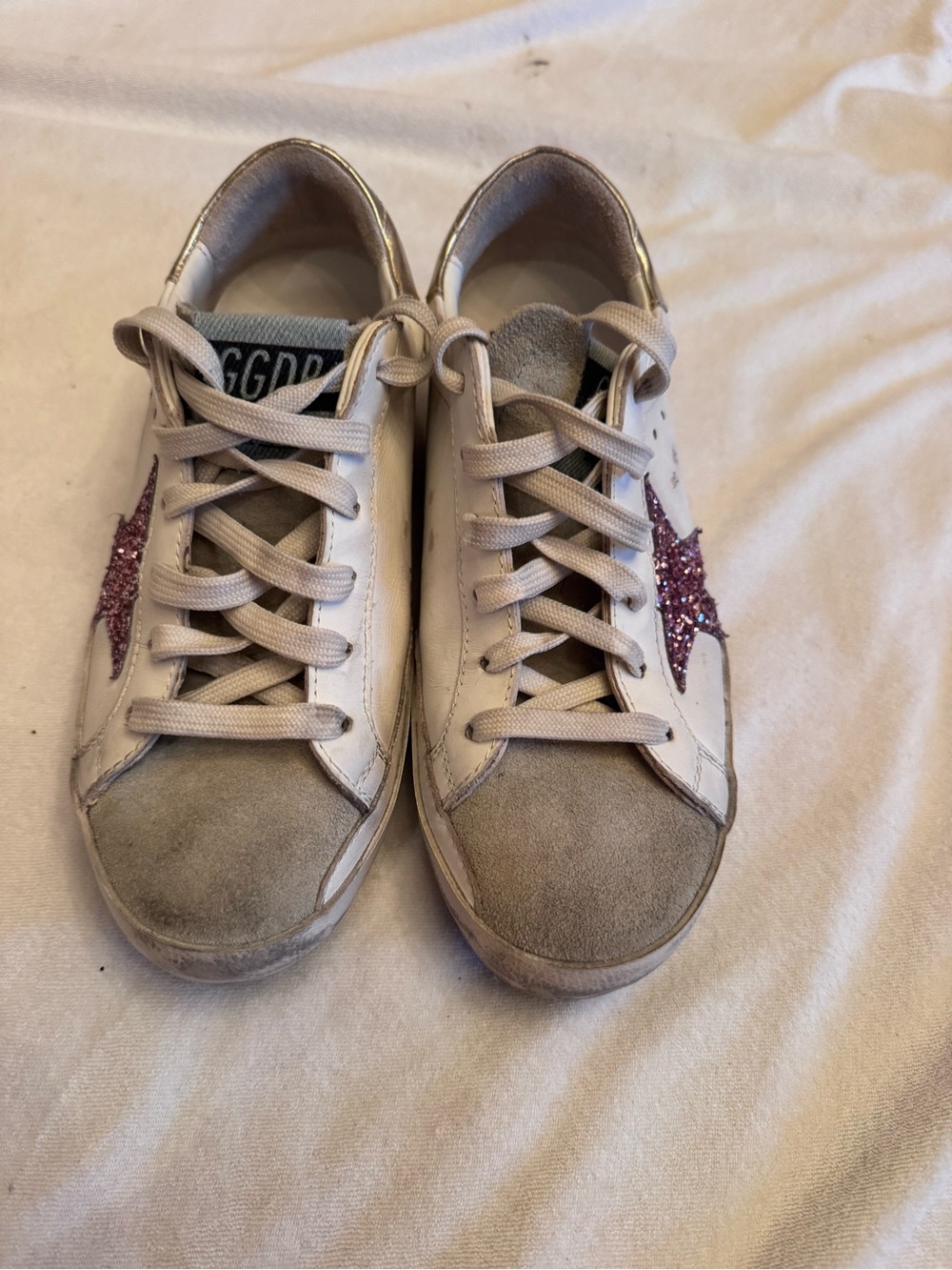 Golden Goose White Leather Sneakers with Pink Glitter Star